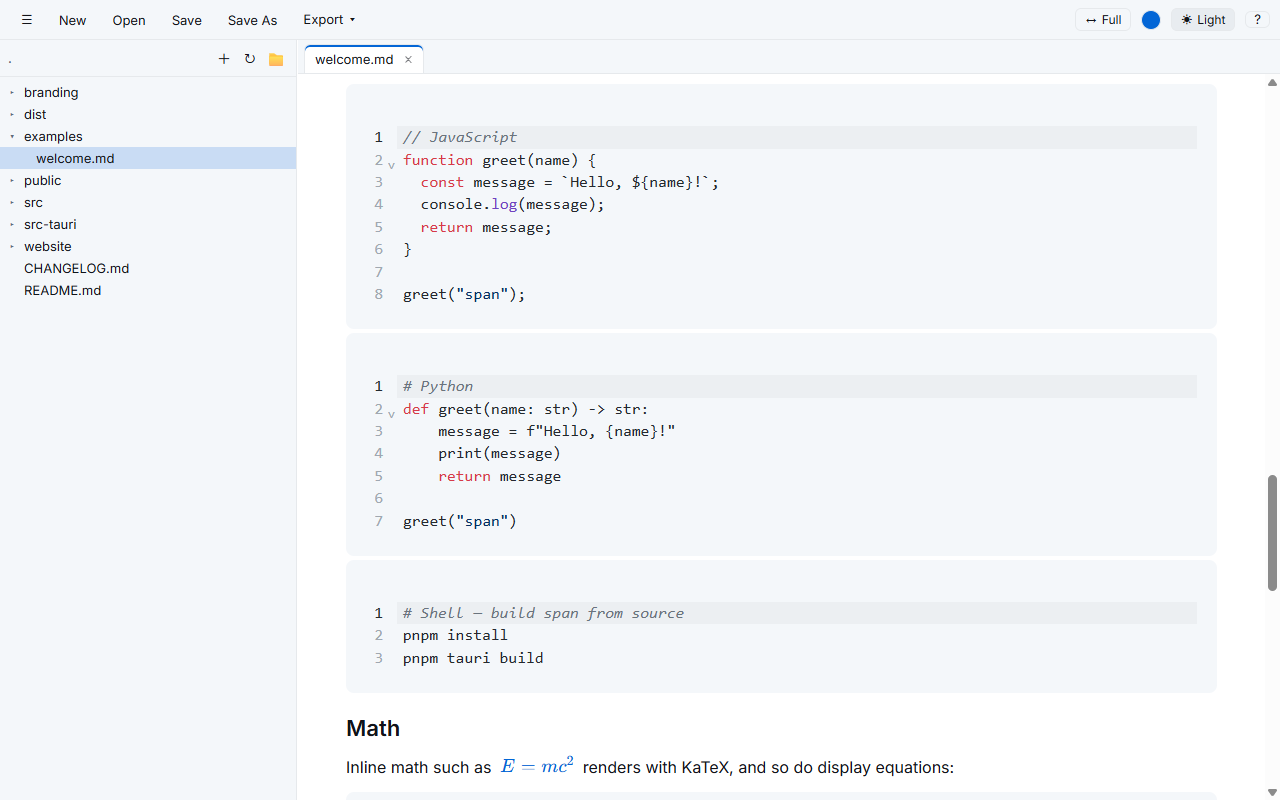 Syntax-highlighted fenced code blocks in JavaScript, Python, and Shell, matched to the light theme