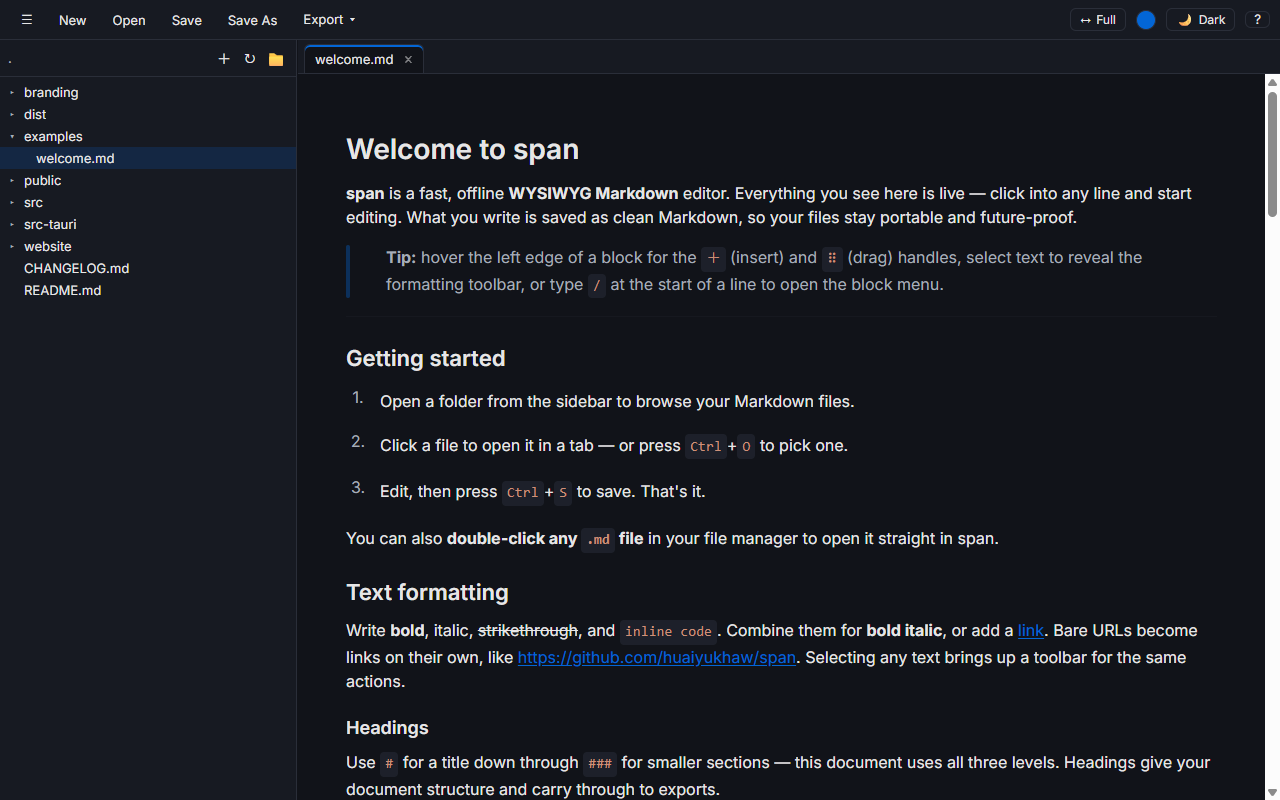 span open on a Markdown file, dark theme, with the folder sidebar showing the project tree