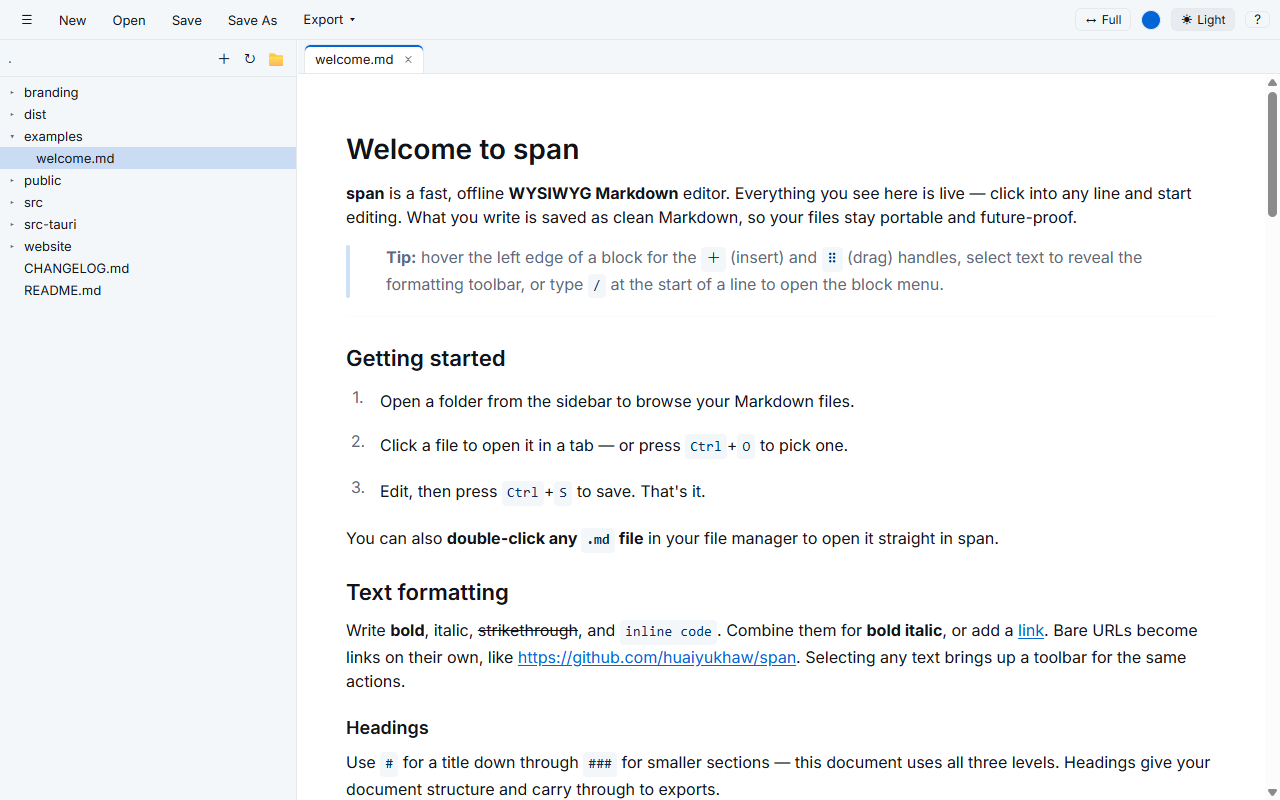 span open on a Markdown file, light theme, with the folder sidebar showing the project tree