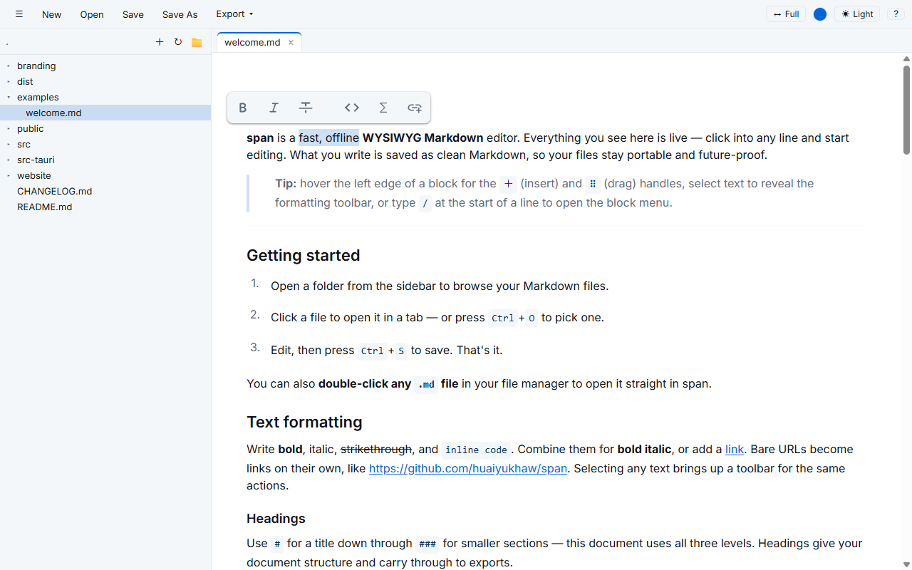 Selected text revealing a floating formatting toolbar with bold, italic, heading, code, math, and link options