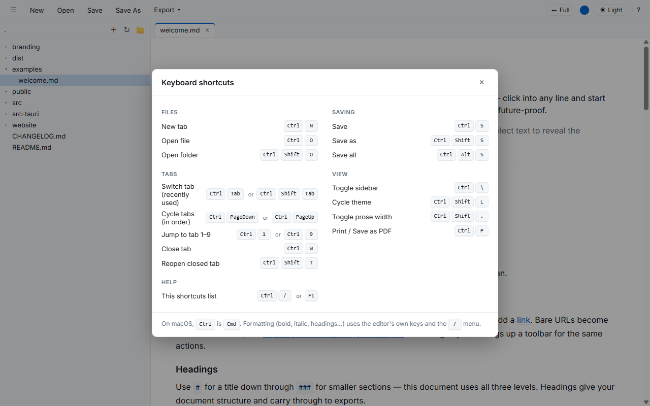 The keyboard shortcuts help pane, opened with Ctrl+/ or F1, listing every shortcut grouped by category